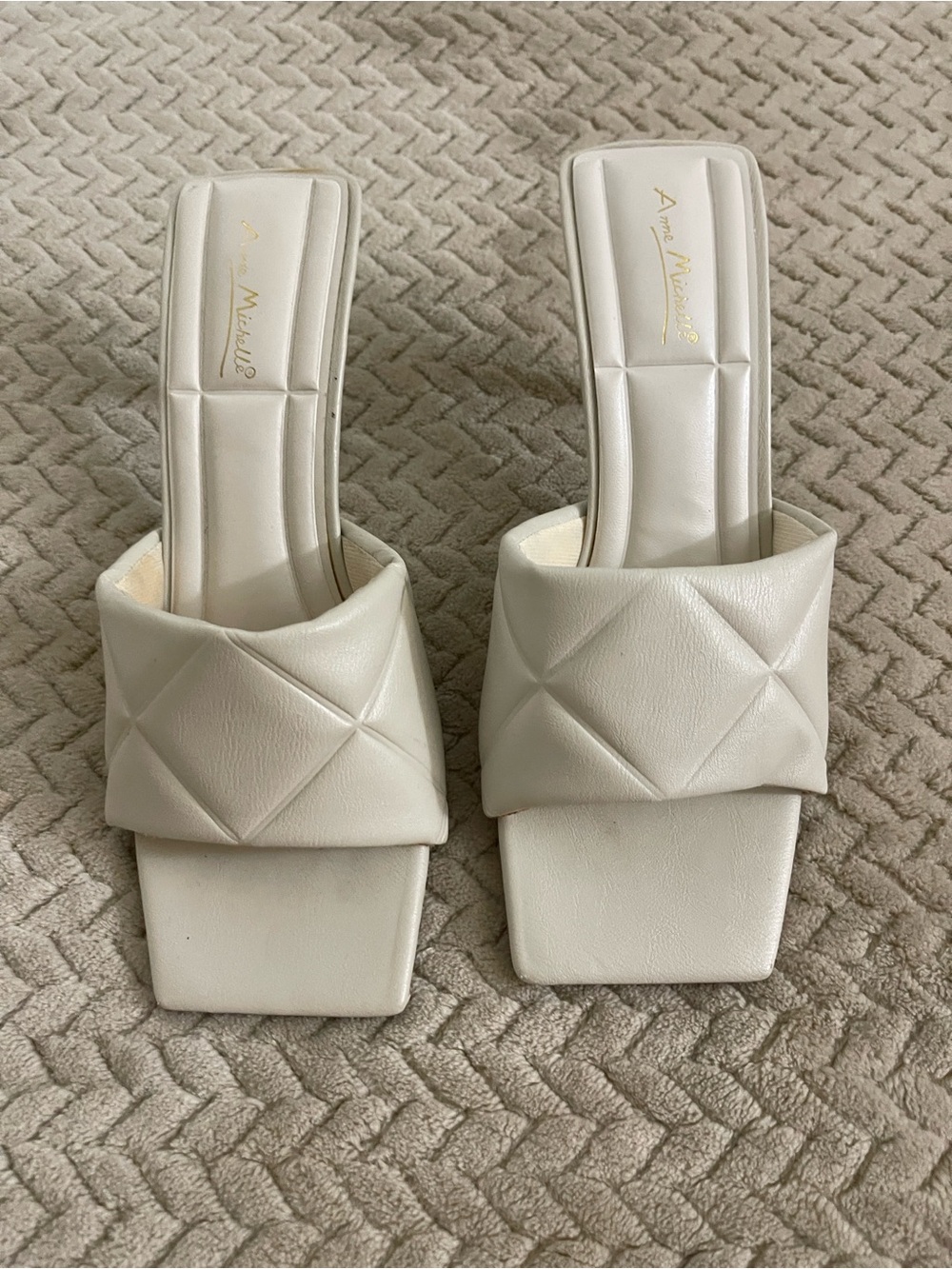 Anne Michelle Cream Quilted Square-Toe Slide Mules